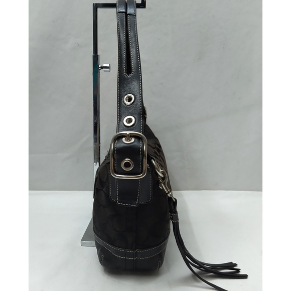 Coach Signature Black Canvas Leather Trim Zipper Closure Hobo Shoulder Bag - Picture 5 of 16